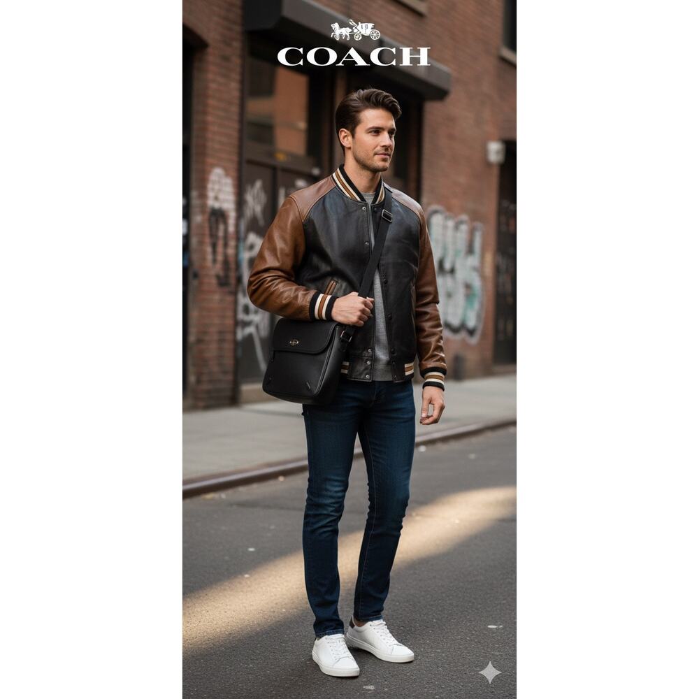 Authentic Coach Leather Varsity Bomber Jacket